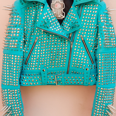 Crafted leather classy women cyan color studded jacket with silver studs and spikes