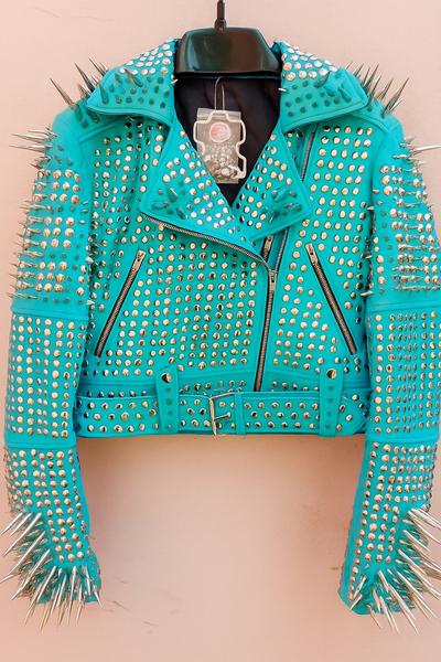 Crafted Leather Classy Women Cyan Color Studded Jacket with Silver Studs and Spikes