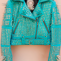Crafted Leather Classy Women Cyan Color Studded Jacket with Silver Studs and Spikes - Thumbnail 1