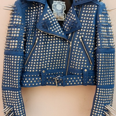 Crafted leather classy women inkstorm blue leather studded jacket with silver studs and spikes