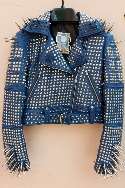 Crafted Leather Classy Women Inkstorm Blue Leather Studded Jacket with Silver Studs and Spikes