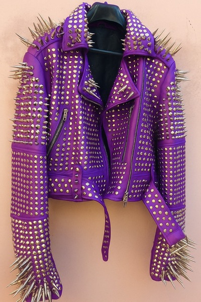 Crafted Leather New Classic Awesome Handmade Women's Purple Studded Brando Metal Spiked Leather Round Studs Jacket