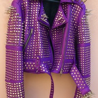 Crafted Leather New Classic Awesome Handmade Women's Purple Studded Brando Metal Spiked Leather Round Studs Jacket - Thumbnail 2