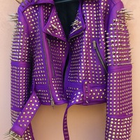 Crafted Leather New Classic Awesome Handmade Women's Purple Studded Brando Metal Spiked Leather Round Studs Jacket - Thumbnail 1