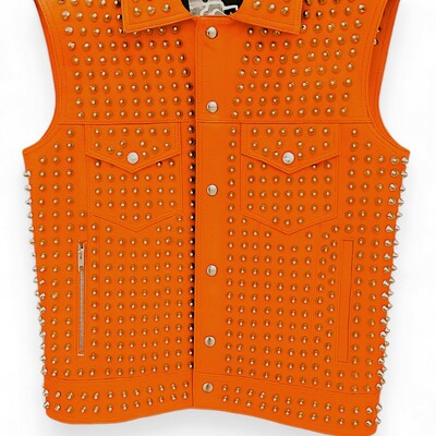 Crafted leather men carrot orange studded jacket punk style stylish leather vest 
