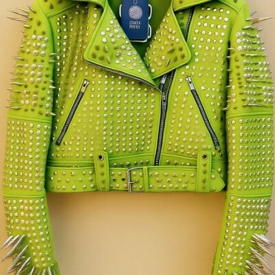 Crafted leather classy women yellow green leather studded jacket with silver studs and spikes