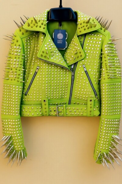 Crafted Leather Classy Women Yellow Green Leather Studded Jacket with Silver Studs and Spikes