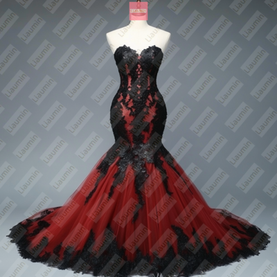 Red tulle and black lace wedding formal prom evening dress full length custom hand made w19-13.6 - Thumbnail 3