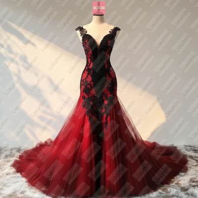 Red tulle and black lace wedding formal prom evening dress full length custom hand made w19-13.7 - Thumbnail 2