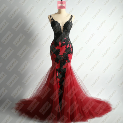 Red tulle and black lace wedding formal prom evening dress full length custom hand made w19-13.8 - Thumbnail 1