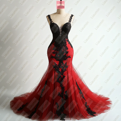 Red Tulle and Black Lace Wedding Formal Prom Evening Dress Full Length Custom Hand Made W19-13.9