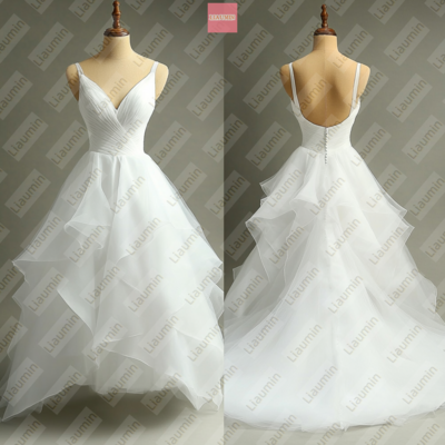 White ball gown organza lace-up back formal prom wedding formal evening dress full length custom hand made w19-14.1 - Thumbnail 1