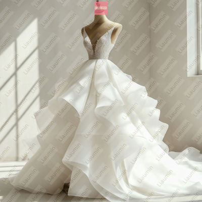 Ivory ball gown organza lace-up back formal prom wedding formal evening dress full length custom hand made w19-14.3 - Thumbnail 2