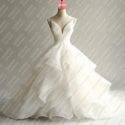 Ivory Ball Gown Organza Lace-up Back Formal Prom Wedding Formal Evening Dress Full Length Custom Hand Made W19-14.4