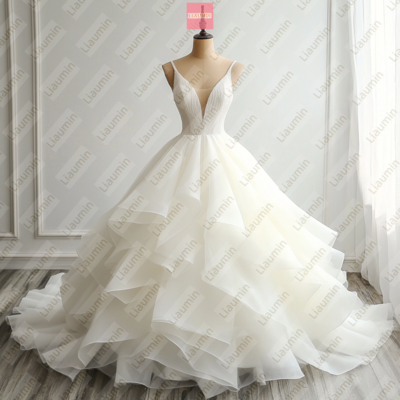 Ivory organza lace-up back formal prom wedding formal evening dress full length custom hand made w19-14.5 - Thumbnail 1