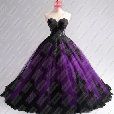 Purple tulle and black lace strapless full length prom dress evening dress custom hand made w19-12.5 - Thumbnail 1
