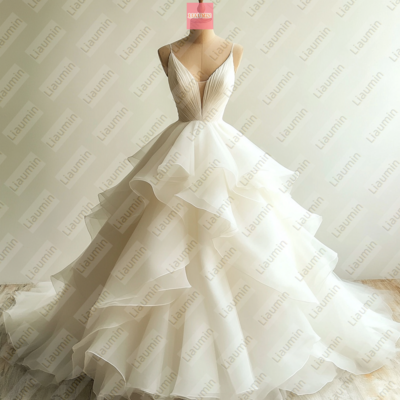 Ivory Ball Gown Organza Lace-up Back Formal Prom Wedding Formal Evening Dress Full Length Custom Hand Made W19-14.6