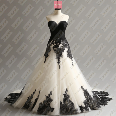 Ivory tulle and black lace applique lace-up back formal prom wedding formal evening dress full length custom hand made w19-15.2 - Thumbnail 2