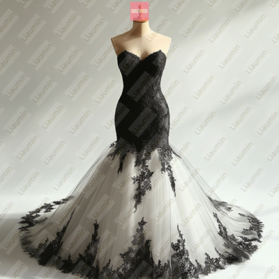 White and Black Mermaid Lace-up Back Formal Prom Wedding Formal Evening Dress Full Length Custom Hand Made W19-15.3