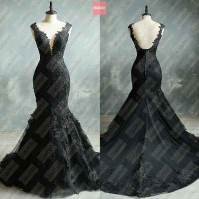  Black Mermaid Lace-up Back Formal Prom Wedding Formal Evening Dress Full Length Custom Hand Made W19-15.5