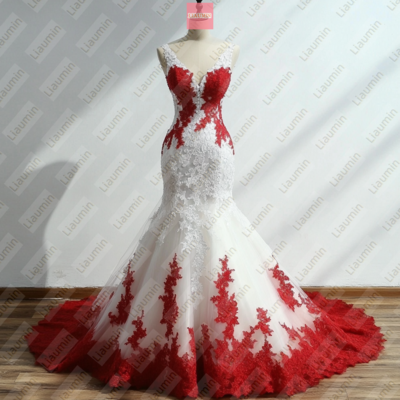 White tulle red lace applique lace-up back formal prom wedding formal evening dress full length custom hand made w19-15.6