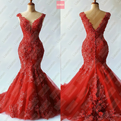 Red Mermaid Lace-up Back Formal Prom Wedding Formal Evening Dress Full Length Custom Hand Made W19-15.7