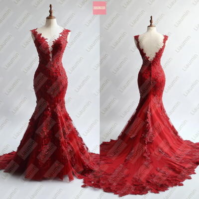 Red mermaid lace-up back formal prom wedding formal evening dress full length custom hand made w19-15.8 - Thumbnail 2