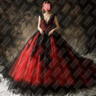 Red tulle and black lace applique v neck lace-up back formal prom wedding formal evening dress full length custom hand made w19-16.1 - Thumbnail 1