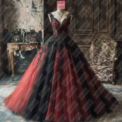 Red Tulle and Black Lace Applique V Neck Lace-up Back Formal Prom Wedding Formal Evening Dress Full Length Custom Hand Made W19-16.2