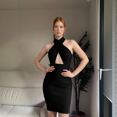 Solid black cross halter dress
