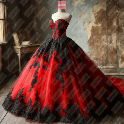 Red tulle and black lace applique formal prom wedding formal evening dress custom w19-16.3 - Thumbnail 1