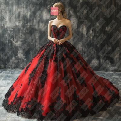 Red Tulle and Black Lace Applique Formal Prom Wedding Formal Evening Dress Custom W19-16.4