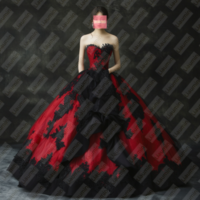 Red Tulle and Black Lace Applique Lace-up Back Formal Prom Wedding Formal Evening Dress Custom W19-16.5