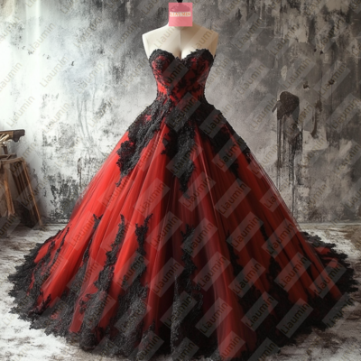 Red Tulle and Black Lace Applique Lace-up Back Formal Prom Wedding Formal Evening Dress Custom W19-16.6