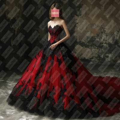 Red Tulle and Black Lace Applique Formal Prom Wedding Formal Evening Dress Custom W19-16.7