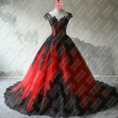 Red tulle and black lace applique formal prom wedding formal evening dress custom w19-17.1 - Thumbnail 2