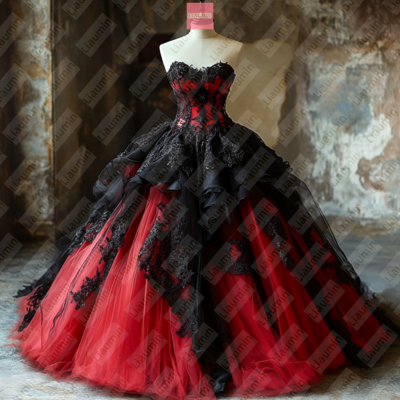Red Tulle and Black Lace Applique Formal Prom Wedding Formal Evening Dress Custom W19-17.2