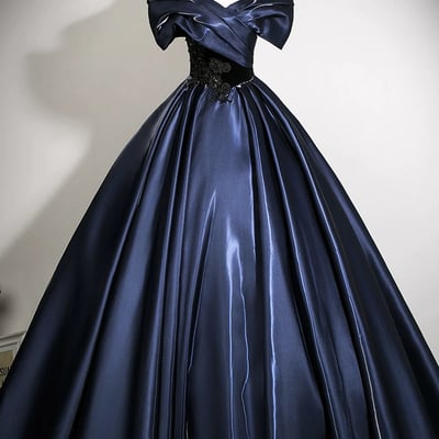 Navy satin lace long a-line prom party dress - Thumbnail 1