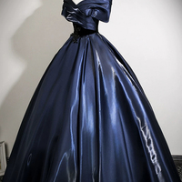 Navy Satin Lace Long A-Line Prom Party Dress - Thumbnail 1