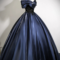 Navy Satin Lace Long A-Line Prom Party Dress - Thumbnail 2