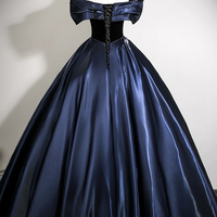 Navy Satin Lace Long A-Line Prom Party Dress - Thumbnail 3