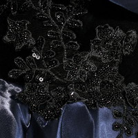 Navy Satin Lace Long A-Line Prom Party Dress - Thumbnail 4