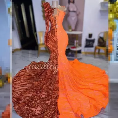 Sparkle orange prom dresses for african girl sheer neck mermaid party gowns long sleeve one shoulder sequin vestidos de festa
