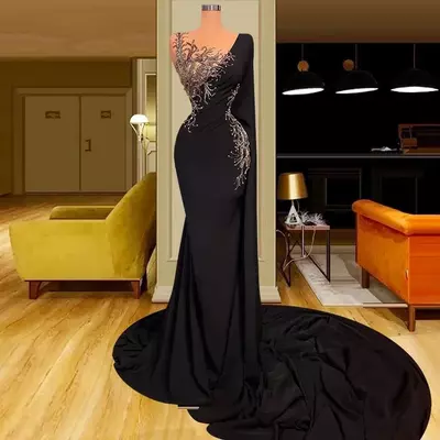 Elegant black long sleeve evening dresses sexy mermaid sheer neck with embroidery appliques pleats long formal vestidos prom dress