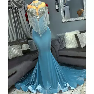 Aso ebi beaded arabic crystals prom dress mermaid satin sexy evening formal party second reception birthday engagement gowns