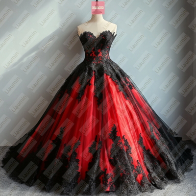Red Tulle and Black Lace Applique Formal Prom Wedding Formal Evening Dress Custom W19-17.3
