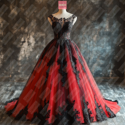 Red tulle and black lace applique formal prom wedding formal evening dress custom w19-17.4 - Thumbnail 1