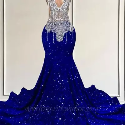 Sexy royal blue mermaid prom dresses bling sequins beadings crystals sheer deep v neck evening gowns formal dress