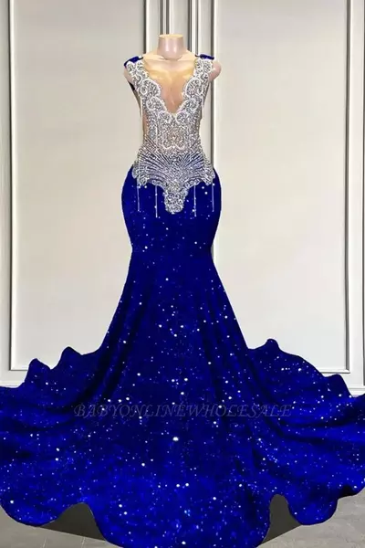 Sexy Royal Blue Mermaid Prom Dresses Bling Sequins Beadings Crystals Sheer Deep V Neck Evening Gowns Formal Dress