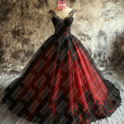Red Tulle and Black Lace Applique Formal Prom Wedding Formal Evening Dress Custom W19-17.7